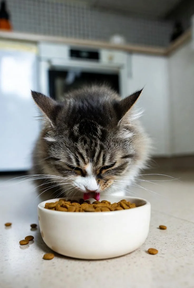 Cat calmly eating from its bowl at home