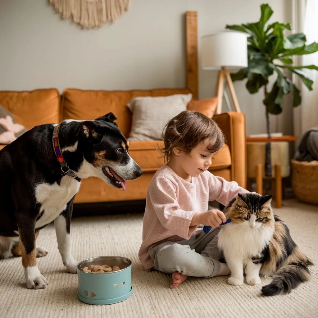 Child gently grooming a cat with a dog nearby