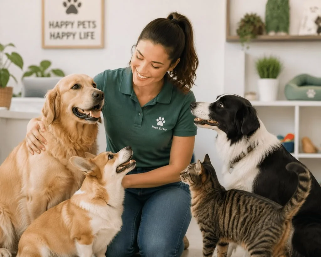 Pet carer calmly introducing several companion animals