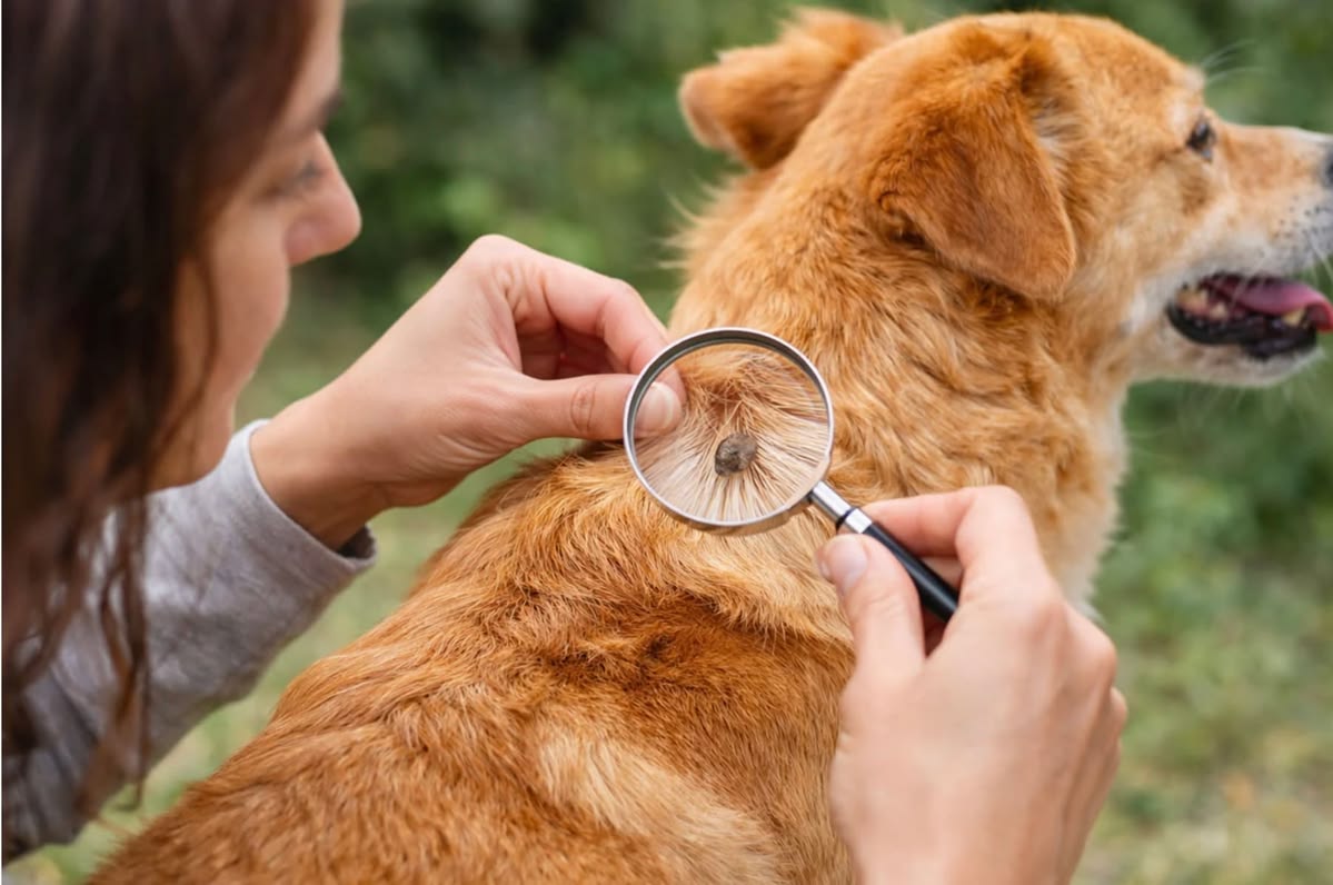 Pet owner checking a dog's coat for ticks and fleas