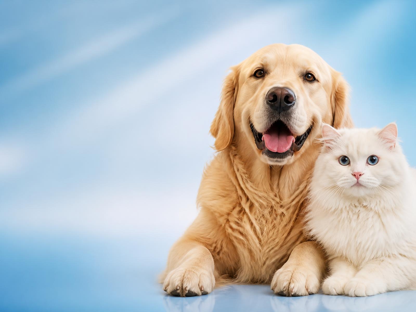 A happy golden retriever and a white cat sitting together