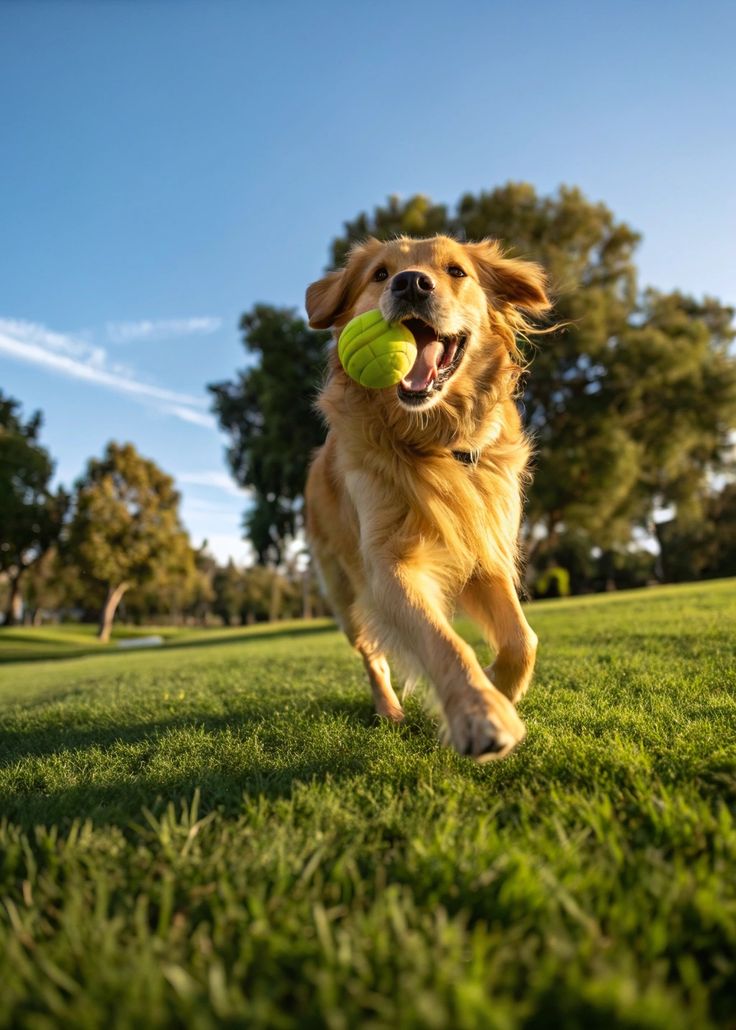 Golden retriever running across green grass with a ball