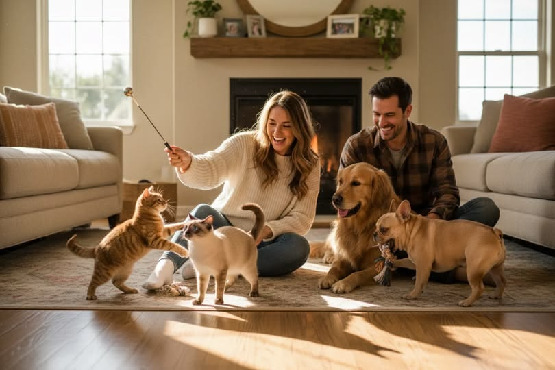 Family playing with their cats and dogs in a sunlit living room